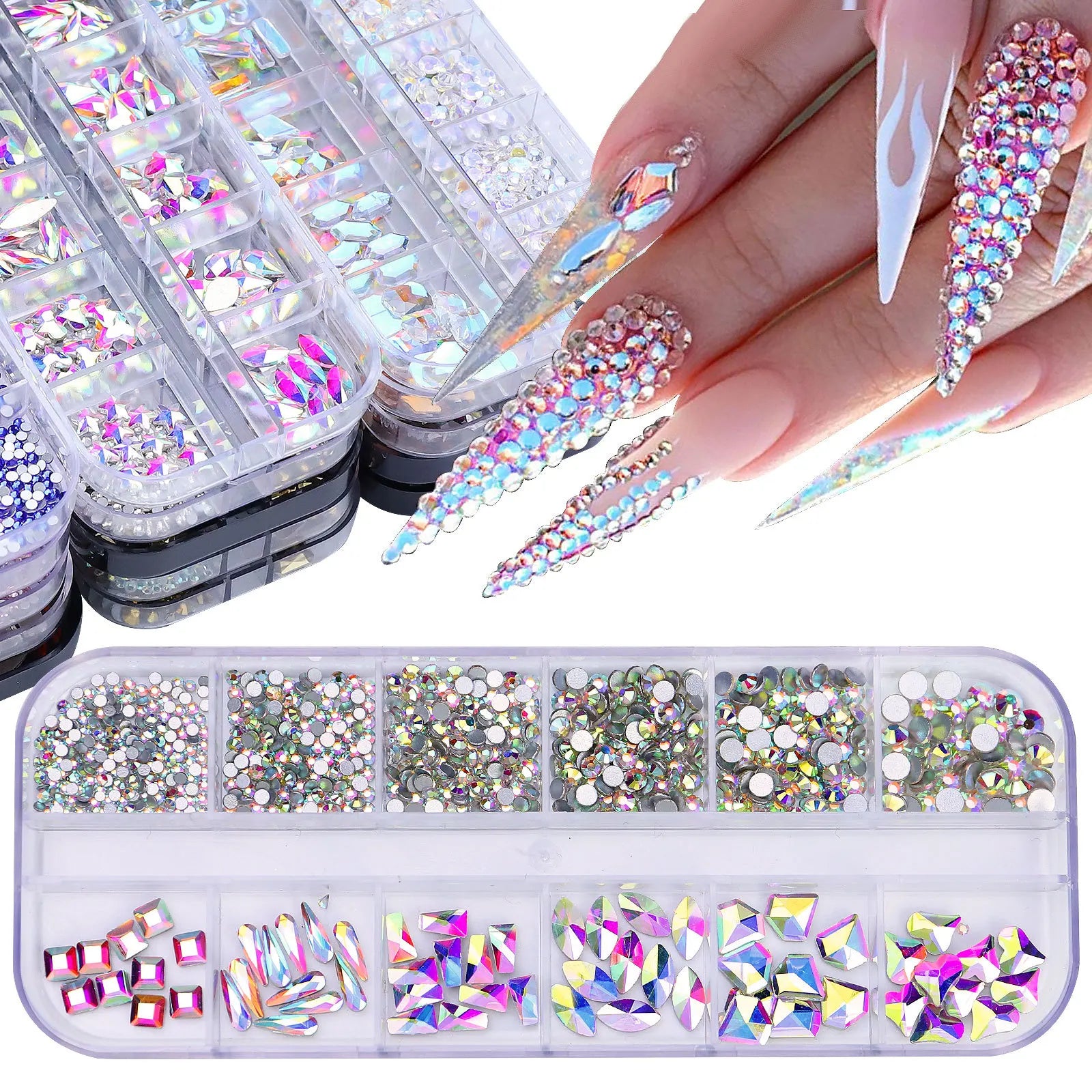 AB Glass Nail Crystals Rhinestone Bulk Set Nail Diamond Mix Sizes