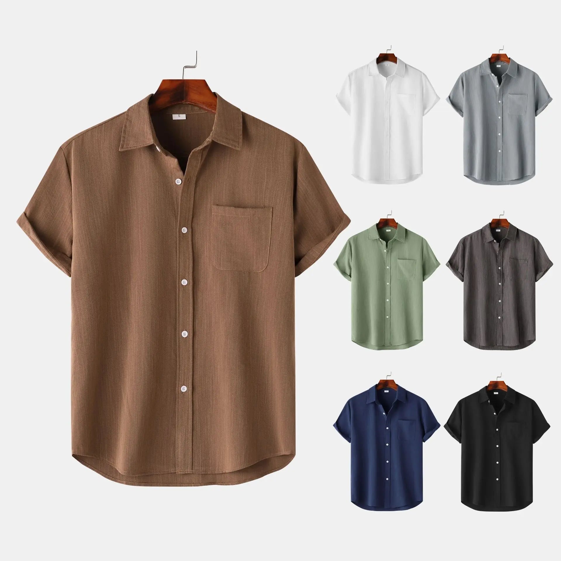 Summer  Solid Color Short Sleeved Button up Men's Shirt Men's Clothing