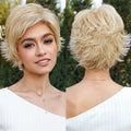 Light Honey Blonde Pixie Cut Synthetic Wigs Natural Layered Hair Wigs with Bangs Breathable Mono Lace Front Hair Wigs for Women