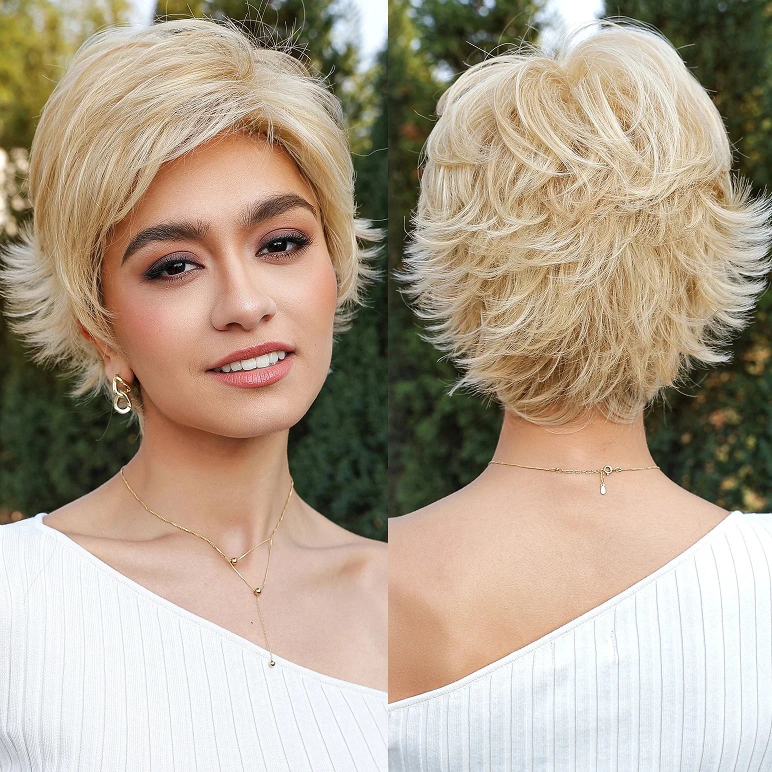 Light Honey Blonde Pixie Cut Synthetic Wigs Natural Layered Hair Wigs with Bangs Breathable Mono Lace Front Hair Wigs for Women