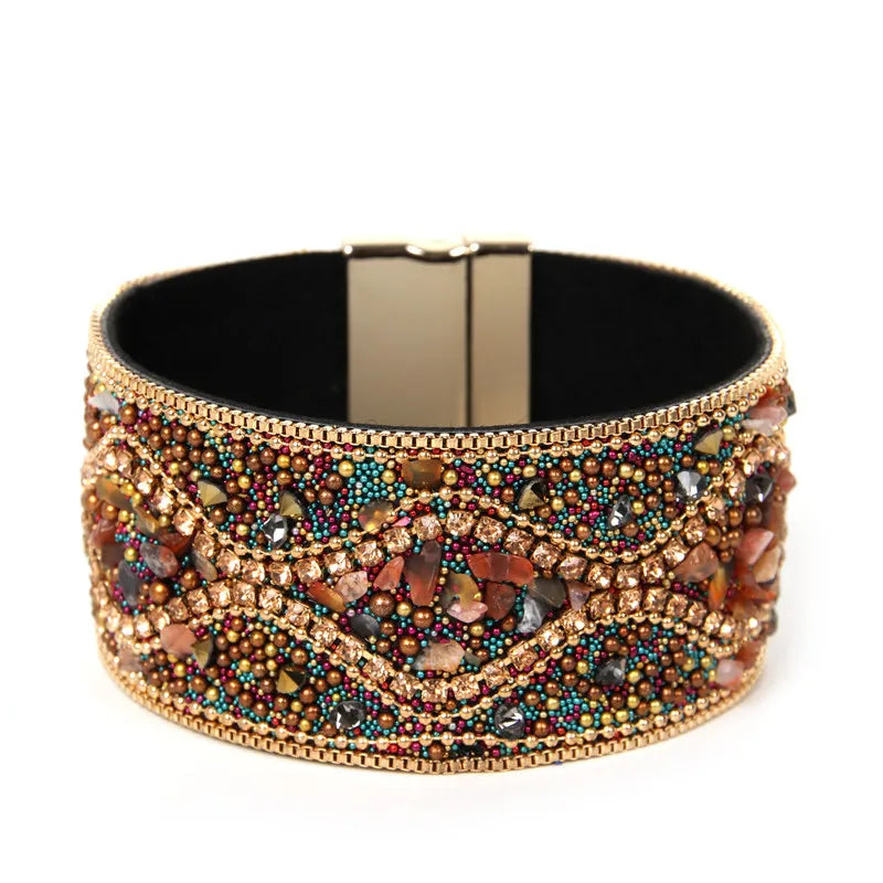DHJ00061 Fashion Rhinestones Leather Bracelet Women Exaggerated Wide Bracelet Magnetic Buckle PU Leather Bracelet