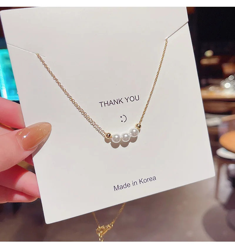 Fashion Gold Elegant Imitation Pearl Thin Chain Necklace Good Quality Geometric Choker 3 Pearl Necklace with Pendant