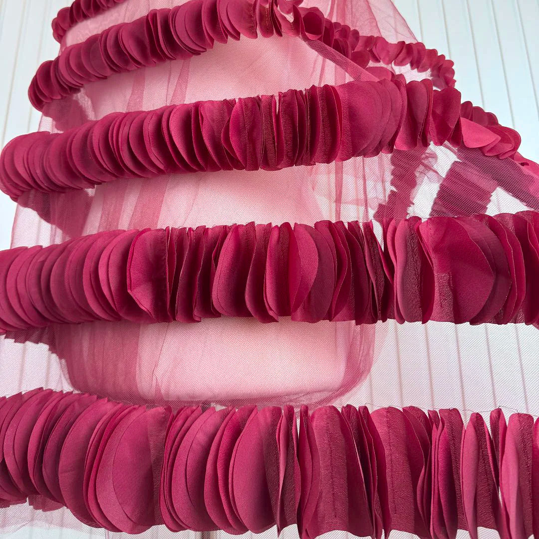 Latest Maroon Red Ruffle Cake Haute Dress Fancy Mesh Dresses Lace Fabric