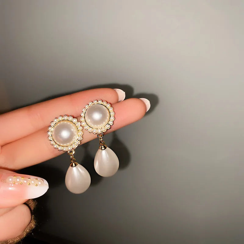HOVANCI3 2021 Korean New Arrival Geometric Wedding Wear Pearl Waterdrop Handmade Drop Earrings