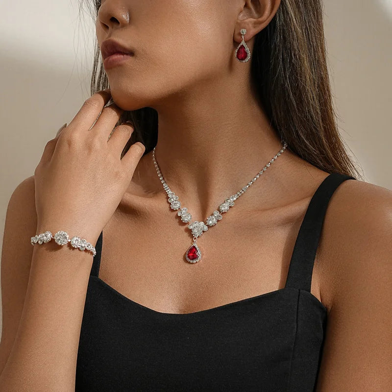 Wholesale Fashion Light Luxury Red Crystal Water Droplets Necklace Earring Bracelet Ring Jewelry Set for Ladies