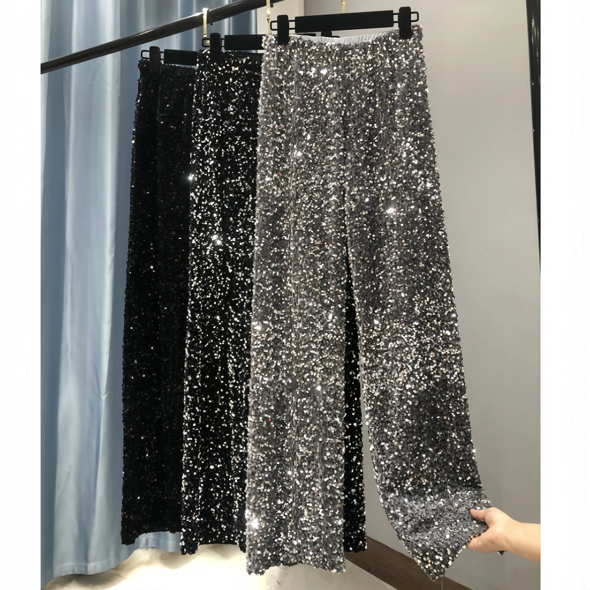 Women Velvet Sequined Breathable Casual Long Pants High Waist Loose Party Stage Wear Autumn Winter Lady Shiny Wide Leg Pants MegaBDM