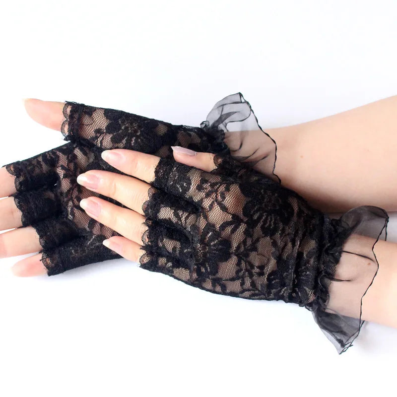 MIO Ladies Lace Floral Bridal Gloves Summer Sunblock Short Black White Half Finger Wrist Mittens Wedding Party Opera Glove