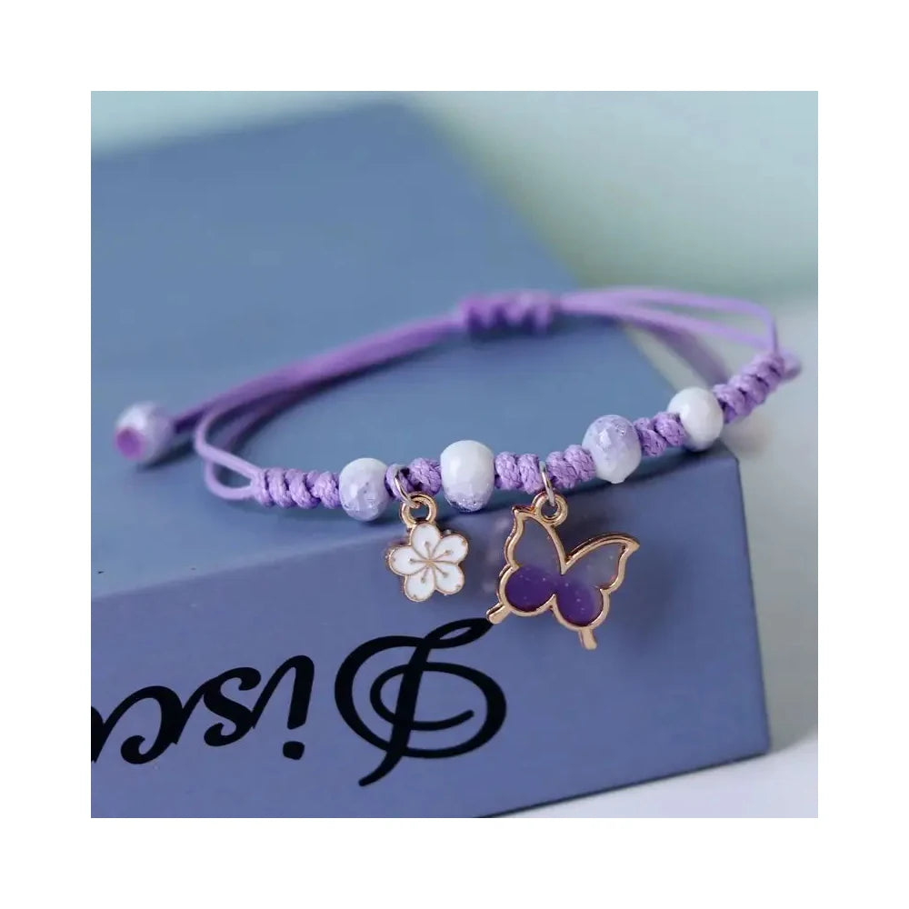 RisingMoon Gold Alloy Bead Lucky Braided  Bracelet Handmade Flower Butterfly CharmsWoven Bracelets String Adjustable