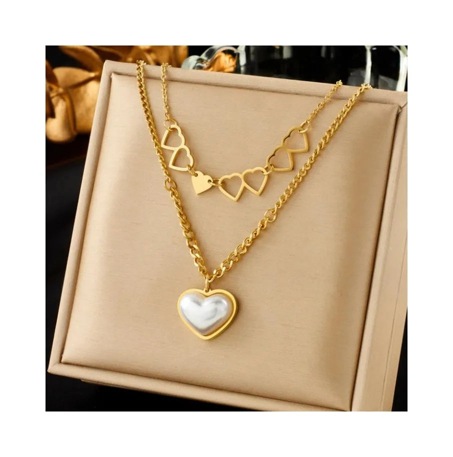 Trendy Double Hollow Heart Pendant Necklace with Collar Bone Design Stainless Steel Gold Plated Link Chain for Women