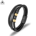 Fashion Handmade Braided Leather Bracelet Black&Gold Stainless Steel Jewelry Leather Bracelet for Men