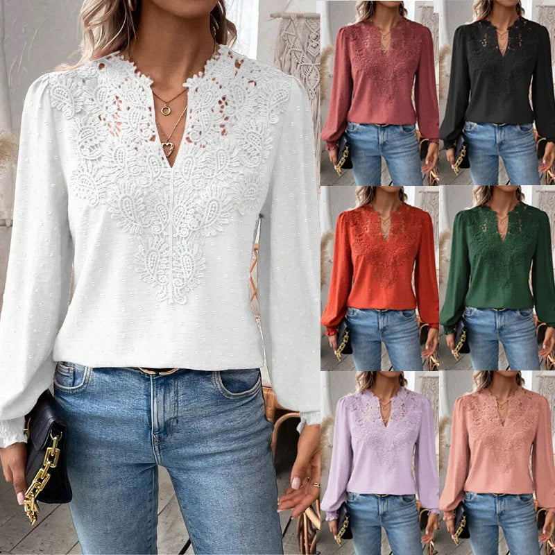 2025 Women's Autumn Winter Top V-Neck Lace Solid Color Long Sleeve Casual T-Top for Office New Element-Simple Shirt