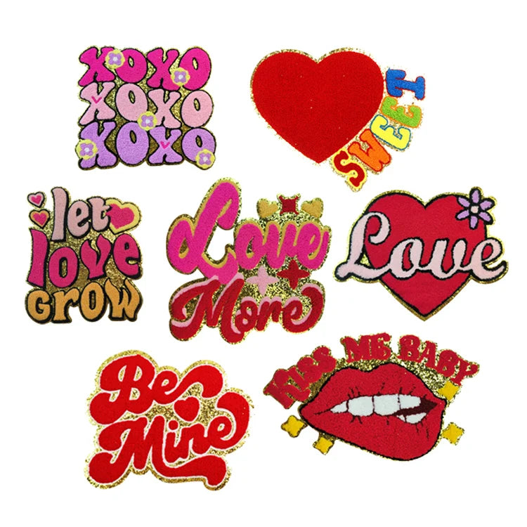 Wholesale Valentines Day Iron on Chenille Patches Custom Large Letter Heart Glitter Love Iron on Chenille Patches for Clothing