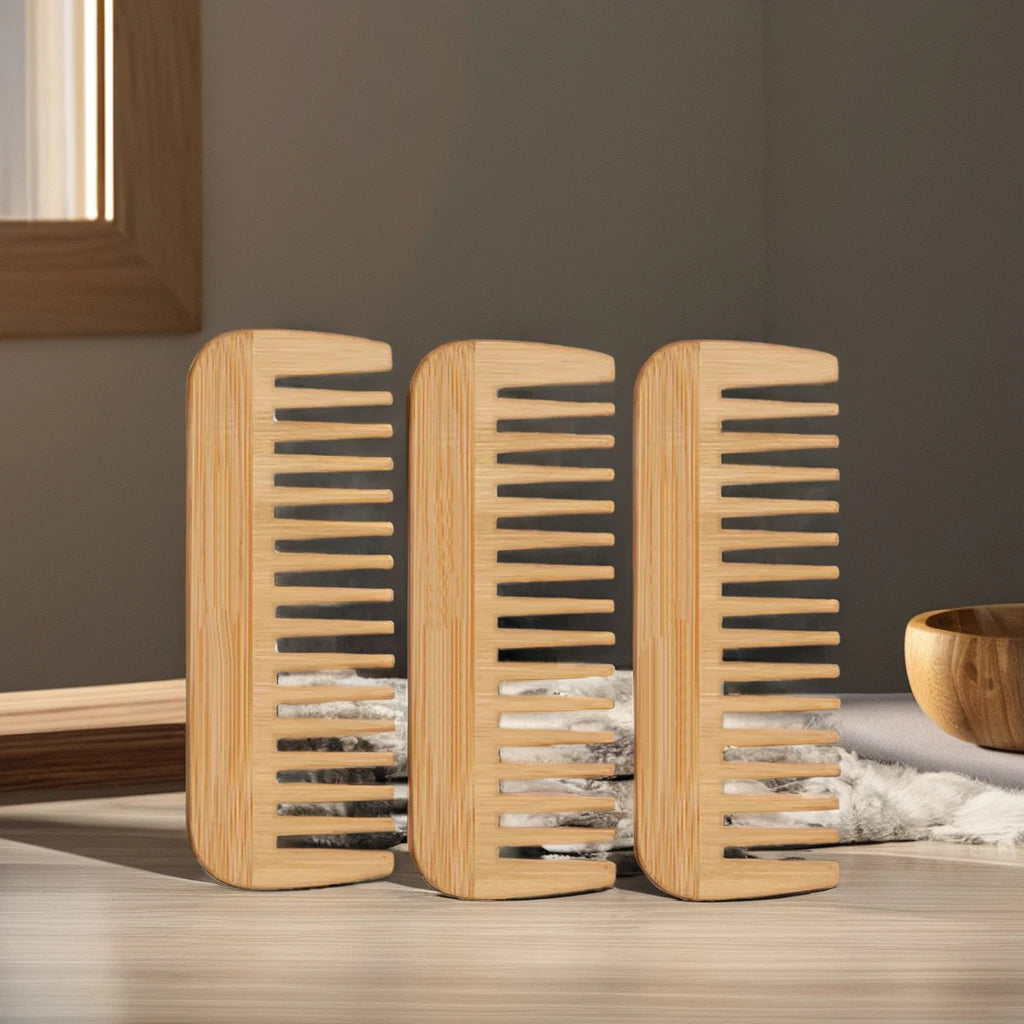 Custom Brand Name Natural Bamboo Wide Tooth Comb Detangling Anti-Static Comb for Curly Wavy Dry Hair