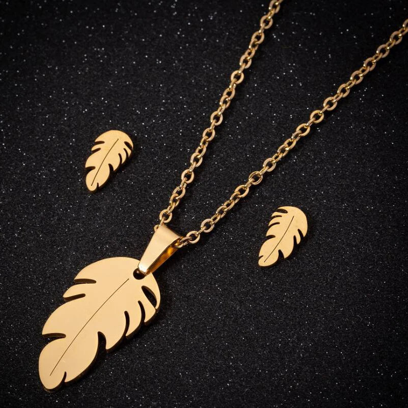 Trendy Tarnish Free 18K Gold PVD Plated Stainless Steel Women Feather Pendant Necklace Earring Jewelry Set MegaBDM