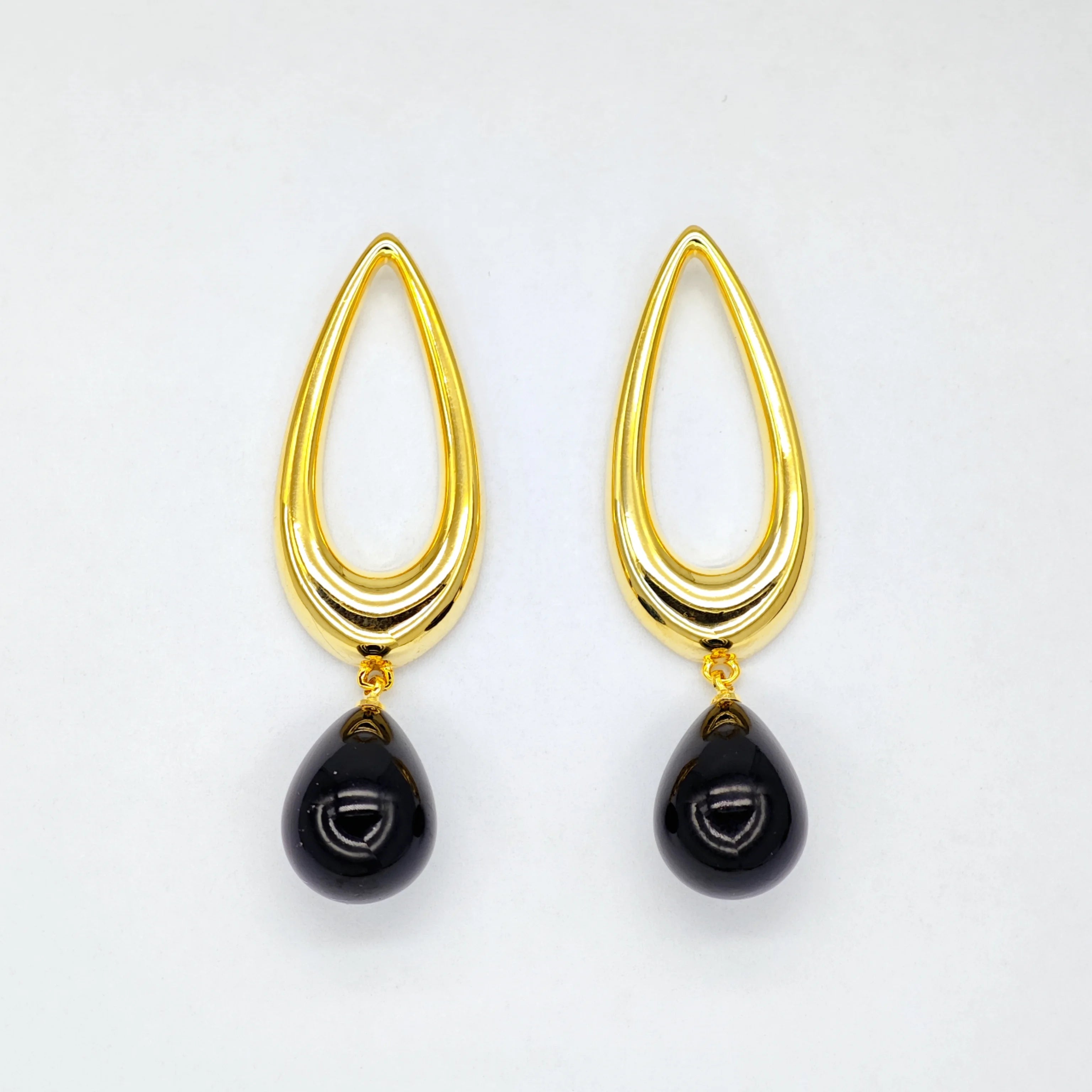 Ilona Vintage Wholesale Teardrop Hoop Black Onyx Drop Earrings Gold Plated Copper Minimalist Statement Studs Earrings