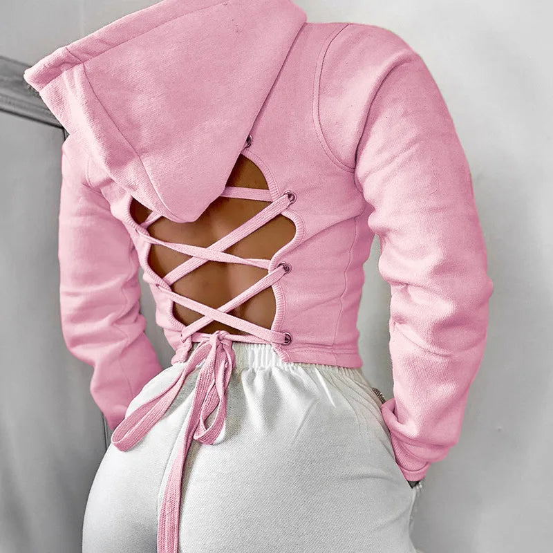 ODM/OEM Screen Printing Solid Color Plain Black Lace up Back Custom Crop Top Women's Plus Size Hoodies & Sweatshirts