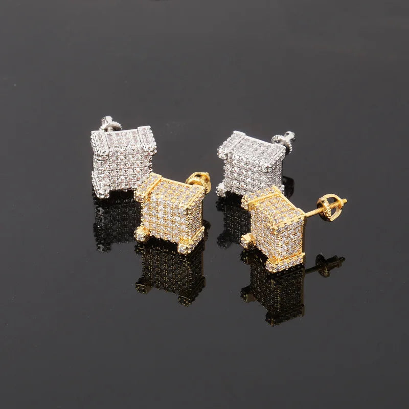 Hip Hop Iced Out Jewelry Gold Plated Micro Pave Cubic Zircon Square Stud Earring for Men & Women