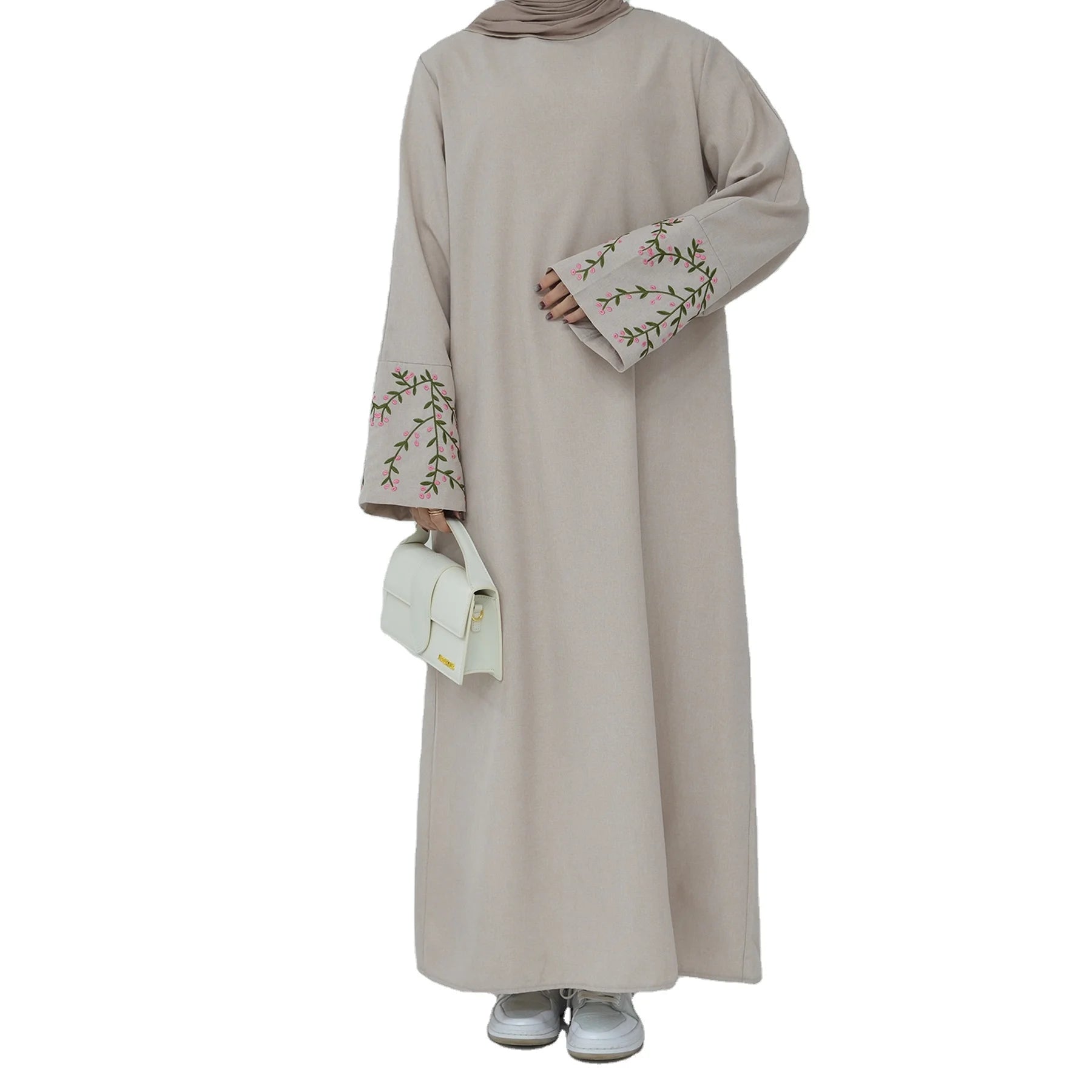 Ramadan Eid Modest Modest Wear Floral Sleeve Embroidered Linen Abaya Closed Kaftan Dress Robe Dubai Traditional Muslim Clothing