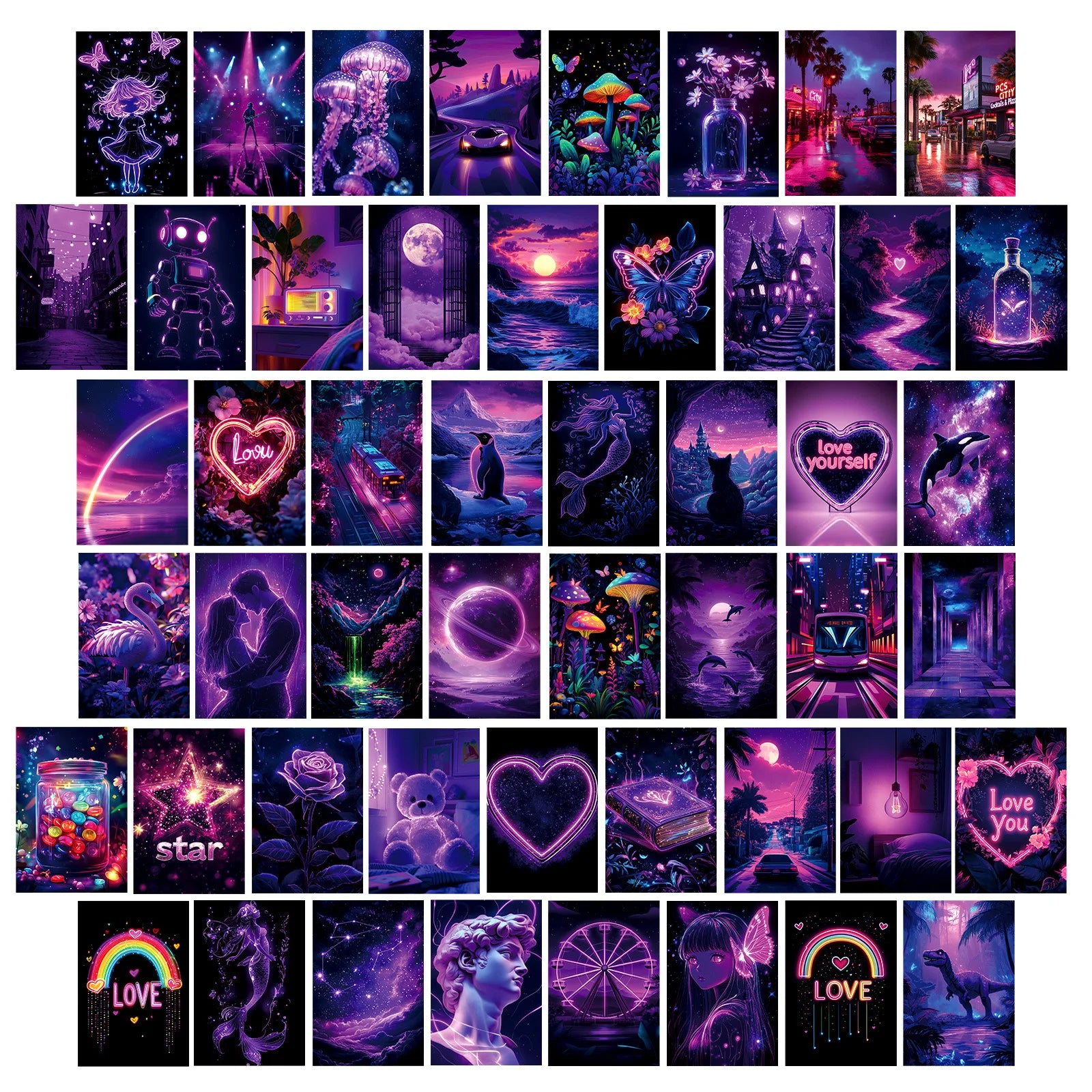 15CM 50PCS Neon Style Purple Romantic Couple Gift love Heart Card Night Scene Poster