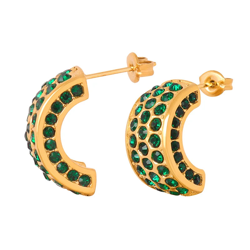 Elegant Fashion C Shaped Green Zircon Stainless Steel 18K Gold Plated Stud Earrings for Women Daily Formal Occasions
