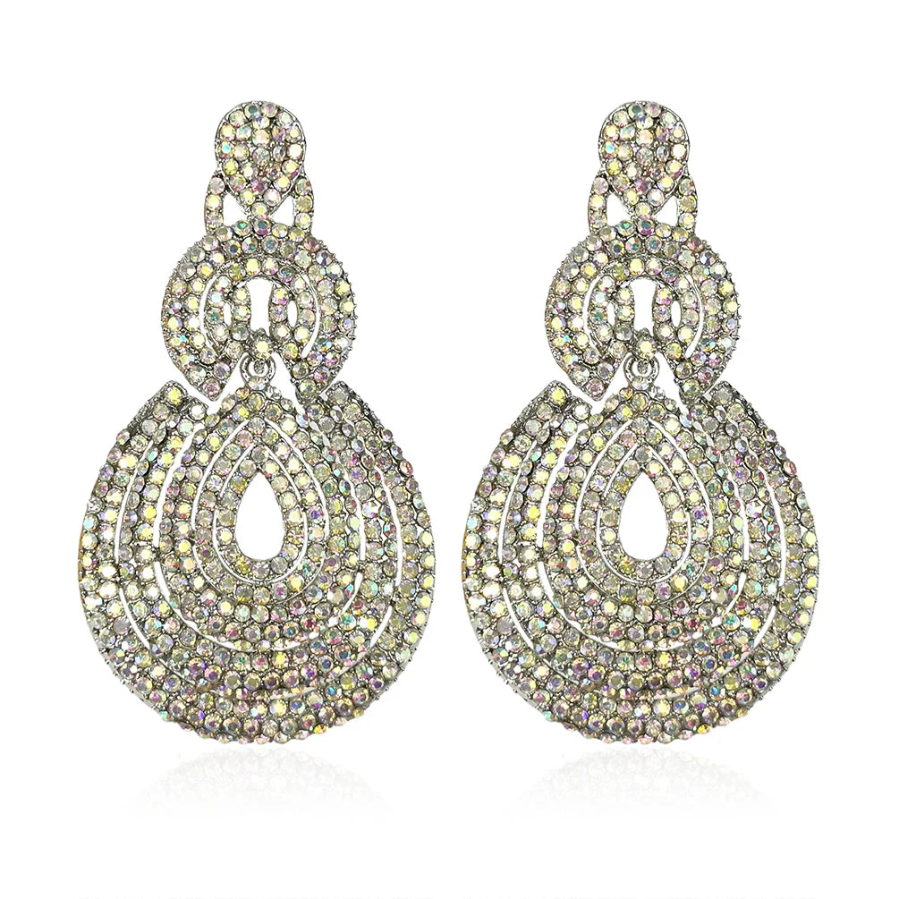 Fashion Jewelry New Arrival Statement Round Colorful Rhinestone Oval Drop Earrings Geometric Crystal Hoop Drop Earrings