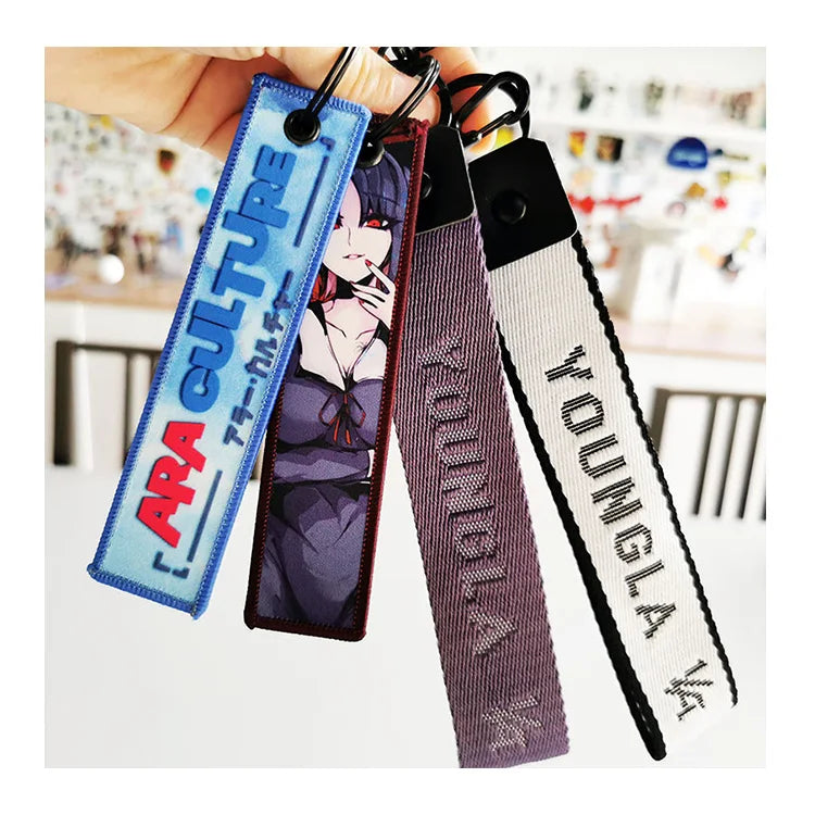 Custom 3D Fabric Anime Embroidery Key Tag Woven Logo Jet Tag for Promotional Keychains & Carabiners