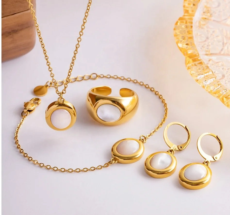 Stylish 18K Gold Plated Stainless Steel Jewelry Set for Women Includes White Cat's Eye Stone Pendant Necklace Stud Weddings