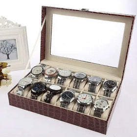 12-Slot Stone Finish PU Leather Watch & Jewelry Bracelet Storage Display Case Box-Multiple Colors