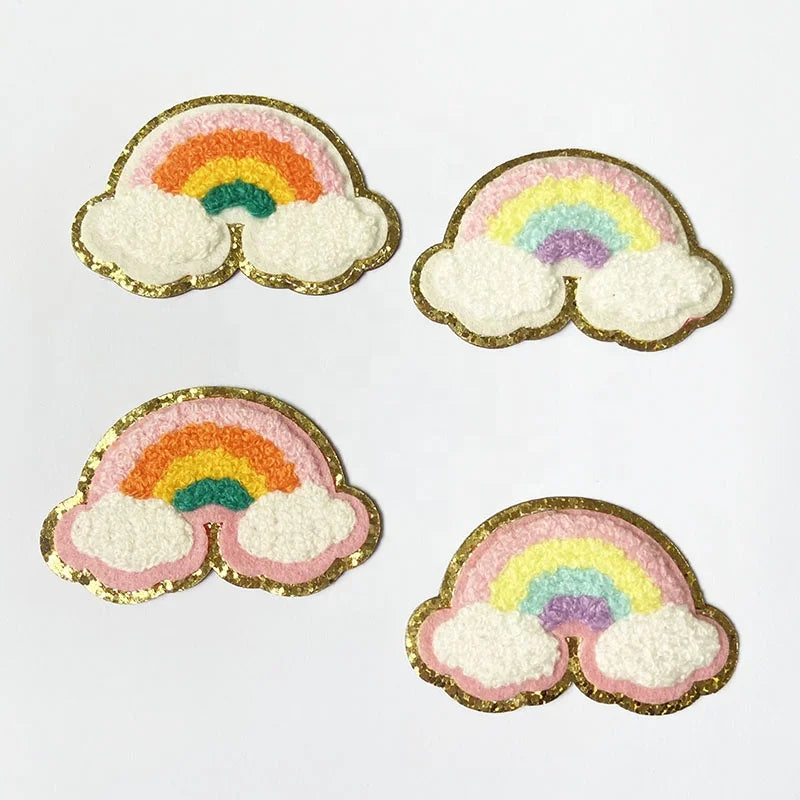 Trendy Make-up Bag Accessory Strong Adhesive Fabric Stickers Gold Glitter Trim Stick on Embroidery Chenille Rainbow Patches