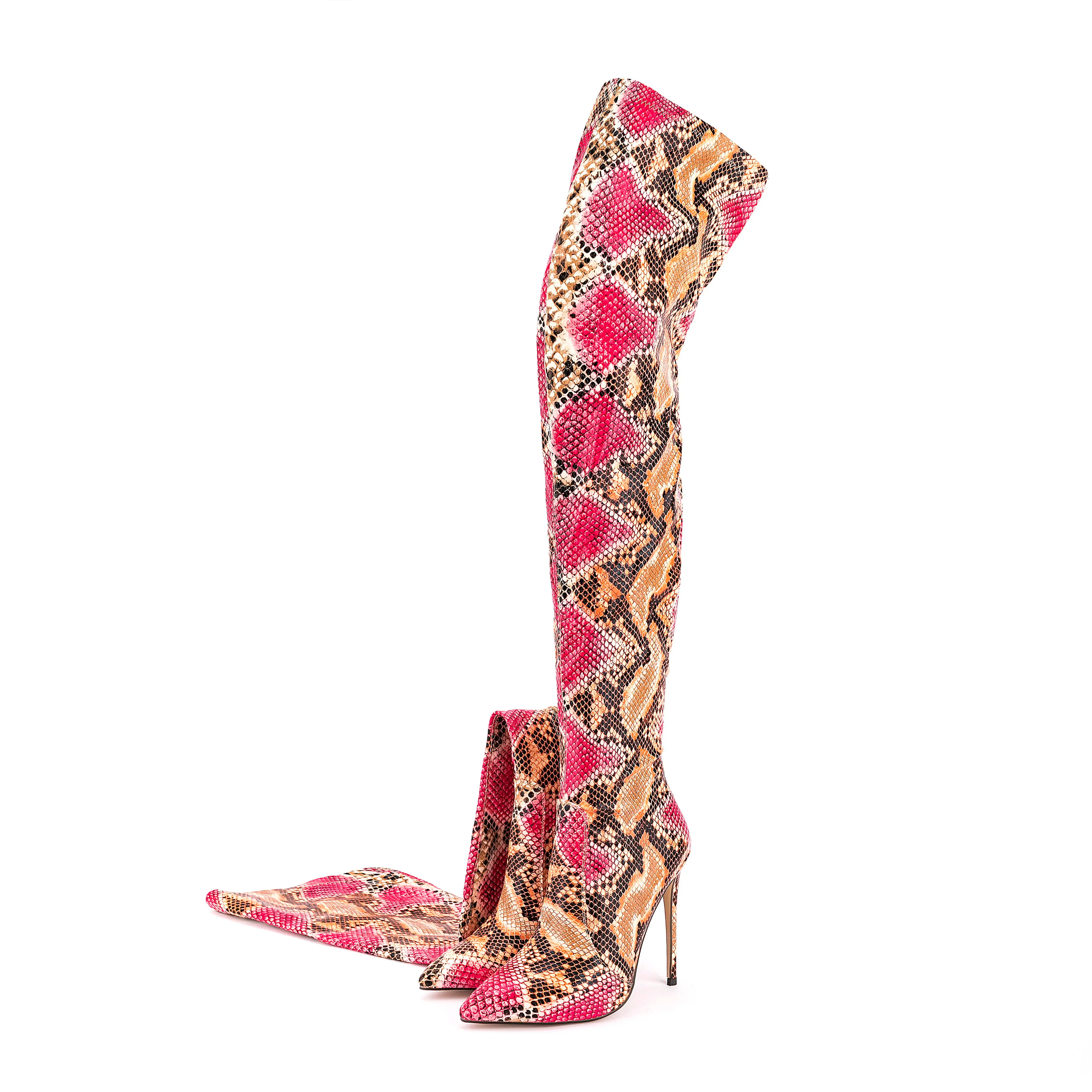 Chengdu Handmade Plus Size 47 Red Snake Print Over the Knee Winter Shoes High Heels Thigh High Boots for Women