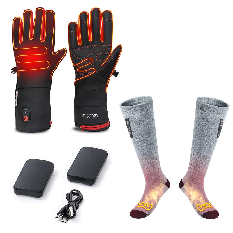 ELECOZY Must-have Warm Christmas Gift Set in Winter Ski Motorcycle Sport Portable Battery Rechargeable Heating Gloves Warm Socks