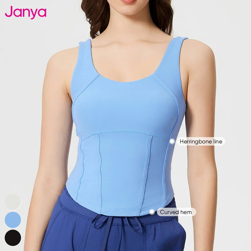 Janya Women's Fitness Vest with Removable Pads Plain Workout Tank Top with Curved Hem Elastic Running Yoga Wear