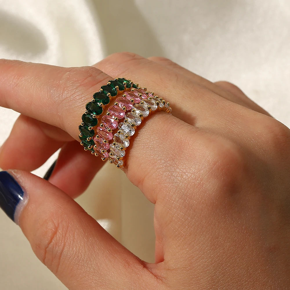 Colorful Jewelry Copper Cubic Zirconia CZ Oval Rings Wedding Jewelry Brass Full Green Zirconia Open Ring