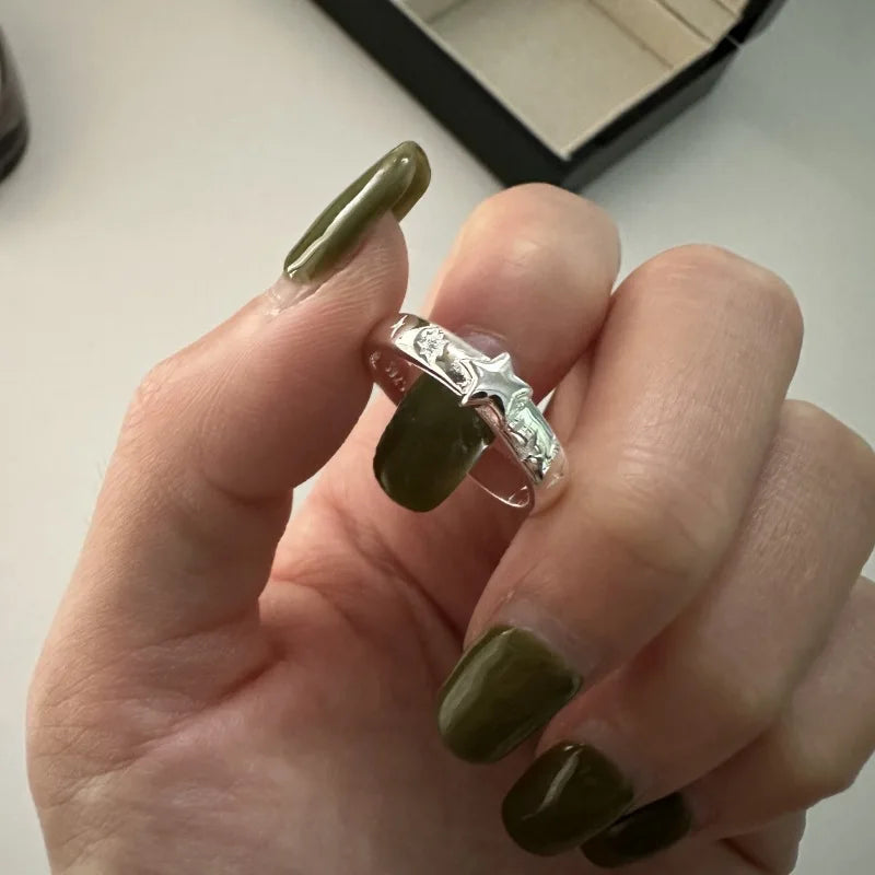 100% 925 Sterling Silver Five Star Shape Pattern Open Rings for Women Party Jewelry