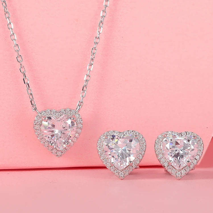 Wedding Jewelry Set Earrings and Necklace CZ Gemstone Heart Necklace Earrings 925 Sterling Silver Engagement Jewelry Set