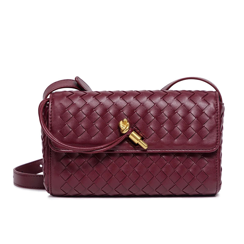 2025 Spring Women Maroon Woven Small Flap Crossbody HandBag for Ladies Casual Woven Shoulder Bag Fashion Hand Clutch Bag Purse