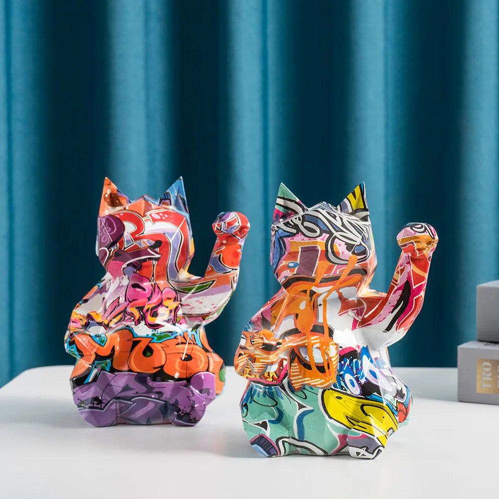 Handmade Modern Japanese Style Lucky Cat Statue Urban Art Maneki Neko Sculpture in Graffiti Resin Crafts Decor for Home Office