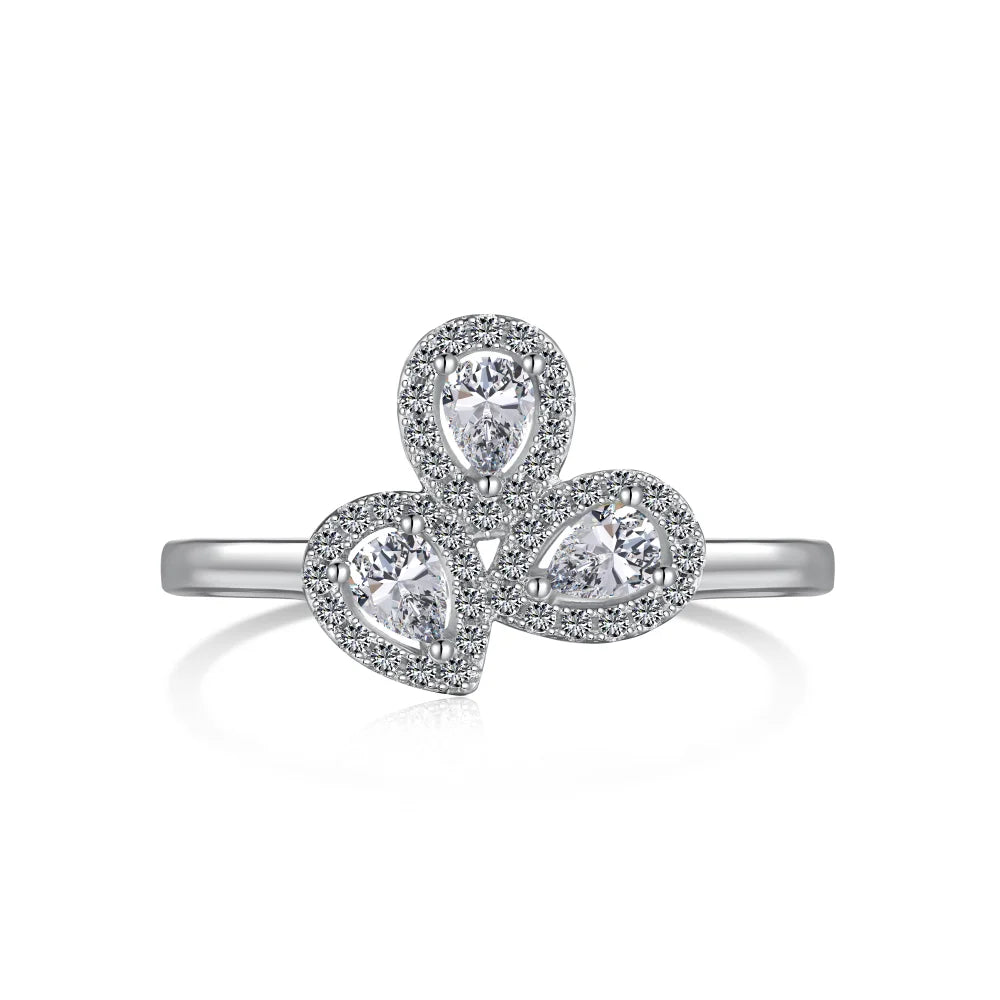 Dylam Fashion 925 Sterling Silver Rhodium Plated Flower Shape 3 Stone Waterdrop Shape 5A Zirconia Dress up Promise Bridal Ring
