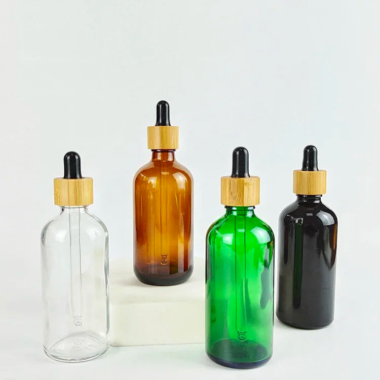 100ml Clear Black Green Amber Transparent Wooden Closure Dropper Cap Cosmetic Glass Essential Oil Bottle Premium Quality