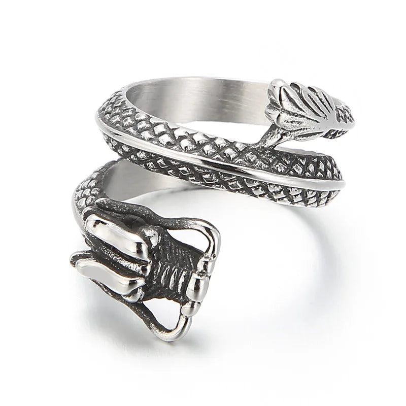 OLAN Wholesale Fashion Jewelry Vintage Dragon Shaped Open Titanium Stainless Steel Rings for Men