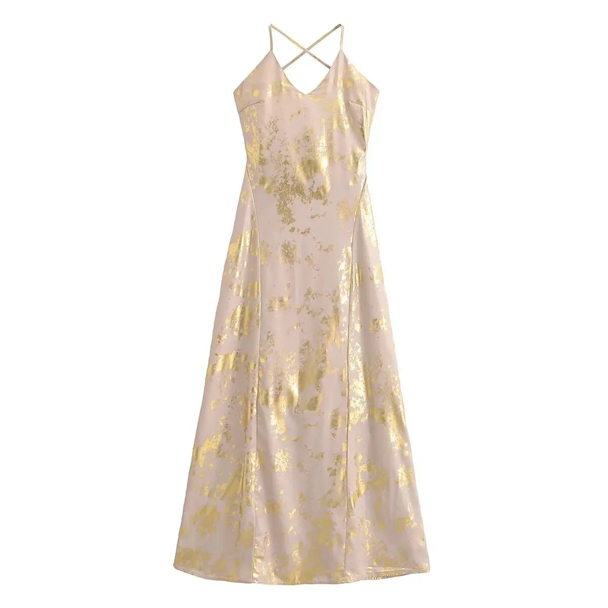 2024 Spring/Summer Ladies Elegant Metal Hot Gold Halter Long Dress Knee-Length with Empire Waistline