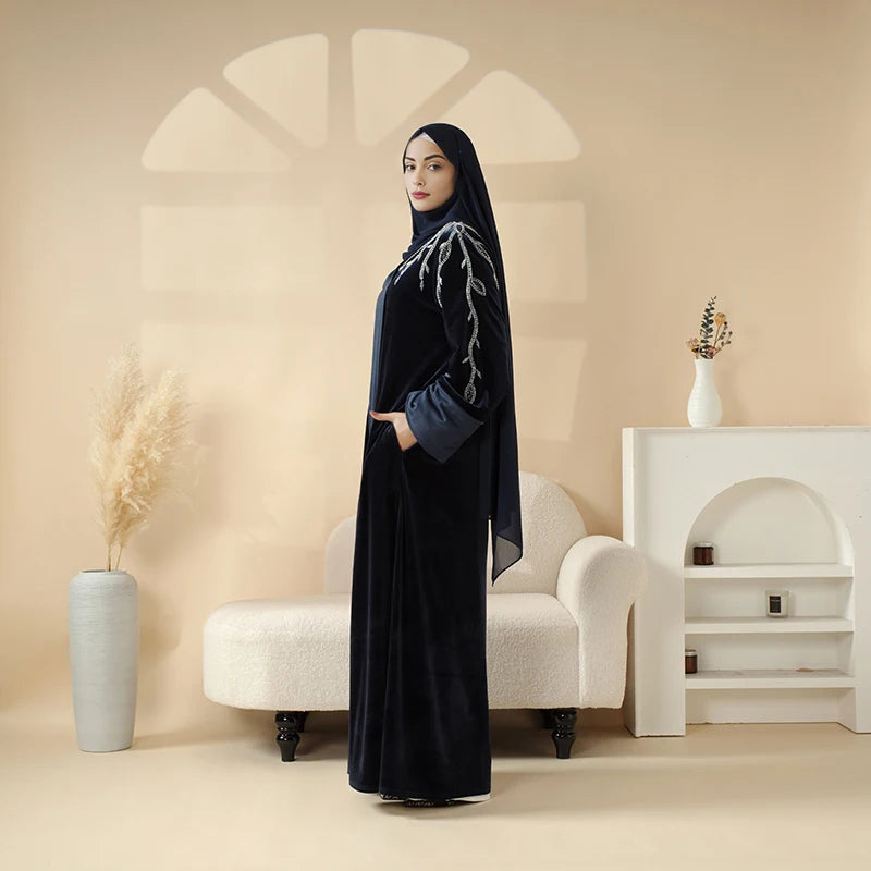 Long Sleeve Plus Size Modest Women's Luxury Velvet Open Abaya | Hand-Stitched Beaded Islamic Turkish Robe Dubai Muslim Wear