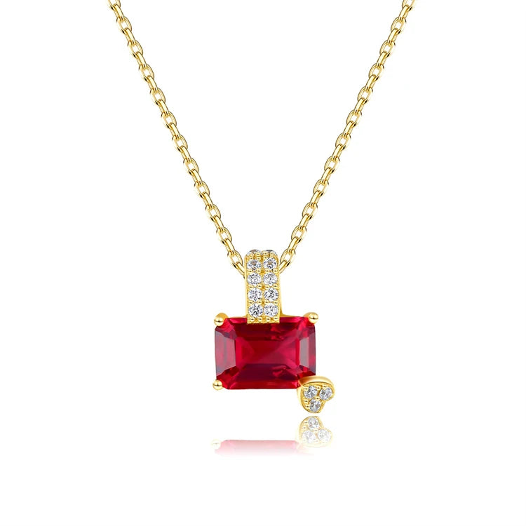 Fine Jewelry Square Shape Garnet Gemstone Pendant 925 Sterling Silver 18k Gold Diamond Zircons Necklace for Women