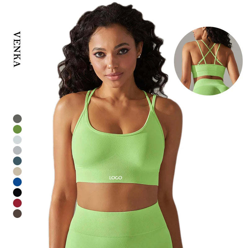 High Quality Activewear Seamless Double Straps Cross Straps Sexy Beautiful Back Bra Crop Top Custom Logo Ladies Sports Yoga Bra
