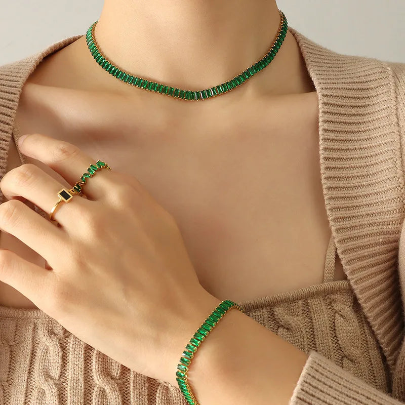Fashion Stainless Steel Colorful Zircon Choker Necklace and Bracelet Jewelry Set for Women