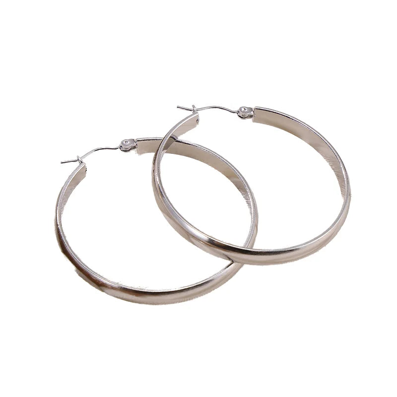Customizable Stainless Steel Classic Earrings for Women Simple Big round Plain Hoop with Silver Plating Trendy Style for Girls