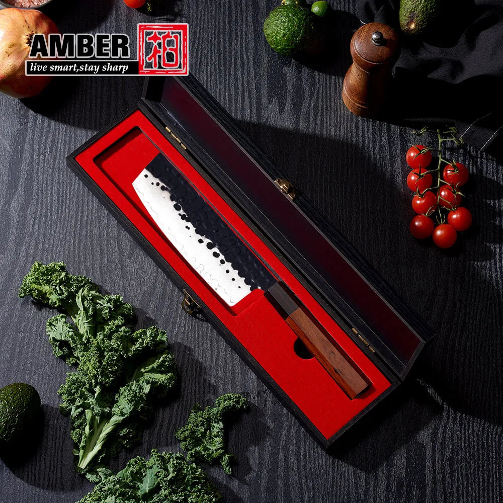 7 Inch Black Hammered Hand Forged Kitchen Nakiri Vegetable Knife of Japanese Chef Knife