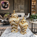 European Electroplated Golden Ceramic Vase General Jar Light Luxury Indoor Home Crafts Golden Striped Ginger Jar