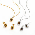 Joolim Jewelry 18K Gold Plated Unique Stylish Vintage Retro Dainty  Tiger Eye Oval Pendant Stainless Steel  Necklace Earring Set
