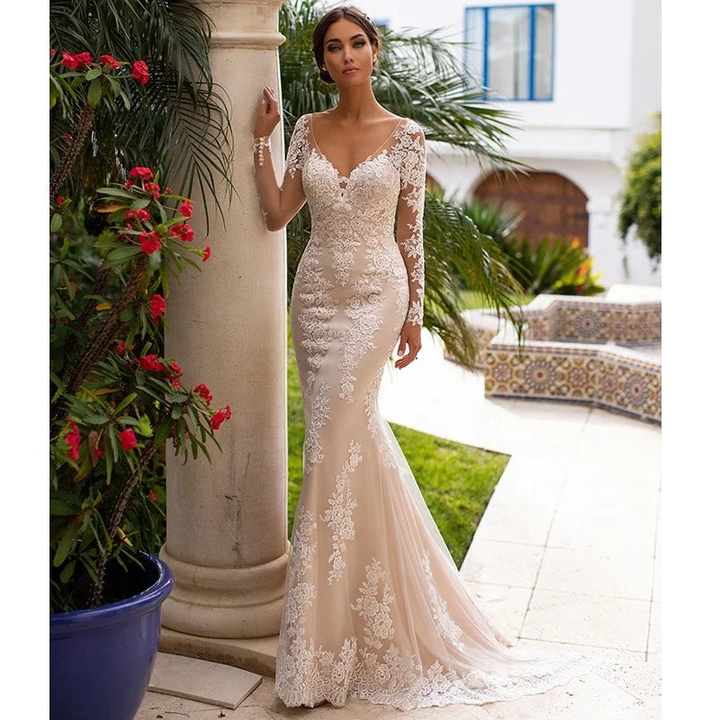Champagne Lining Mermaid Applique Bridal Gown Long Illusion Lace Sleeve Sweep Train Backless Wedding Dress Vestido De Novia 2025